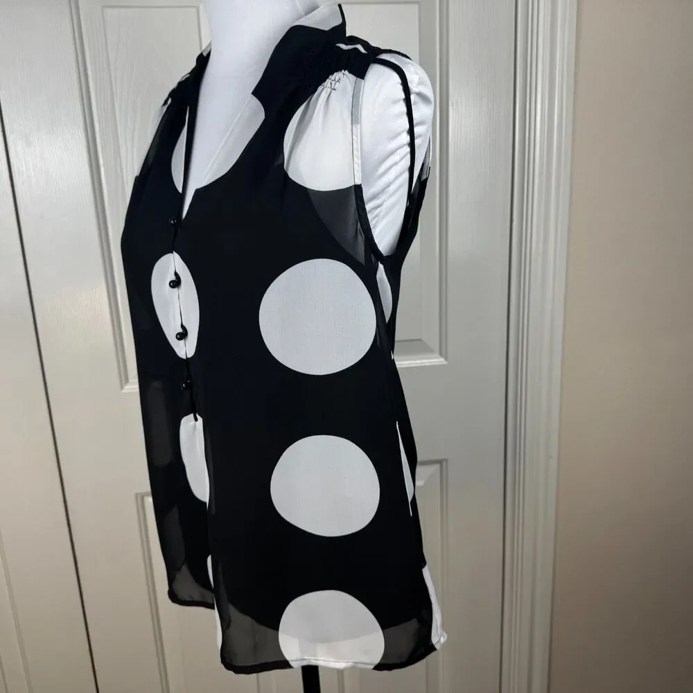ECI Blouse Sz S Sheer Black White Large Polka Dot Front Buttons VNeck Sleeveless - Picture 3 of 9